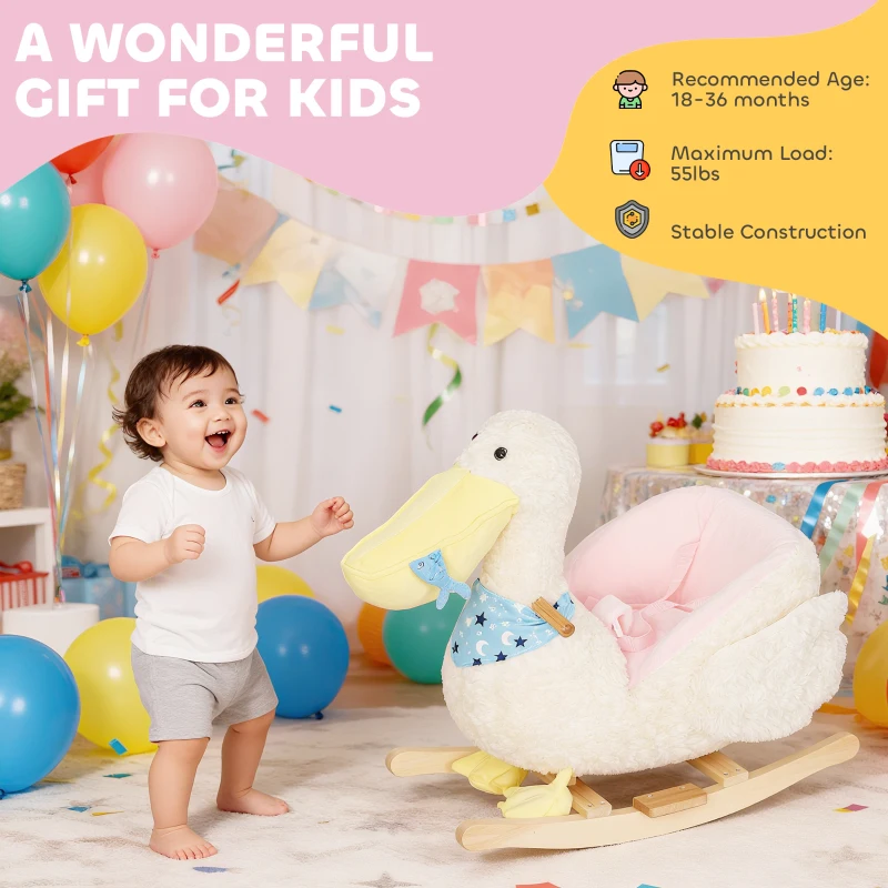 Qaba Baby Rocking Horse, Kids Ride on Pelican Rocking Horse for Toddlers 18–36 Months with Realistic Duck Sound, White