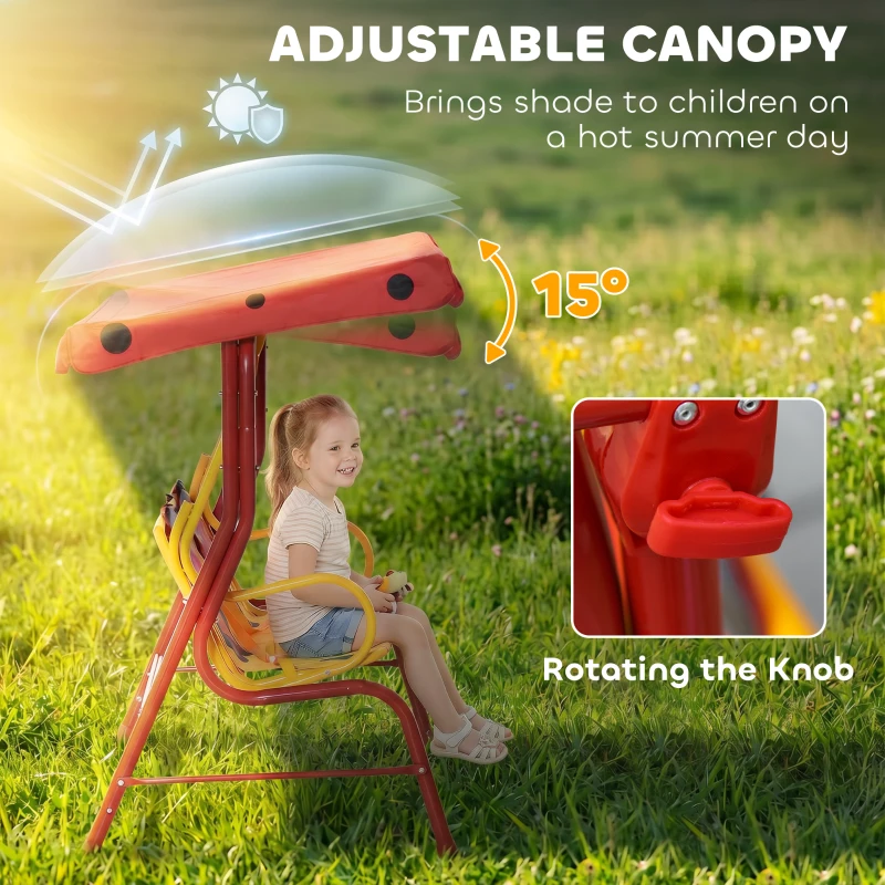 Outsunny Kids Patio Swing, Adjustable Canopy Swing Glider, Kids Outdoor Swing Chair with 2 Seats, Seat-Belted Safety, Red