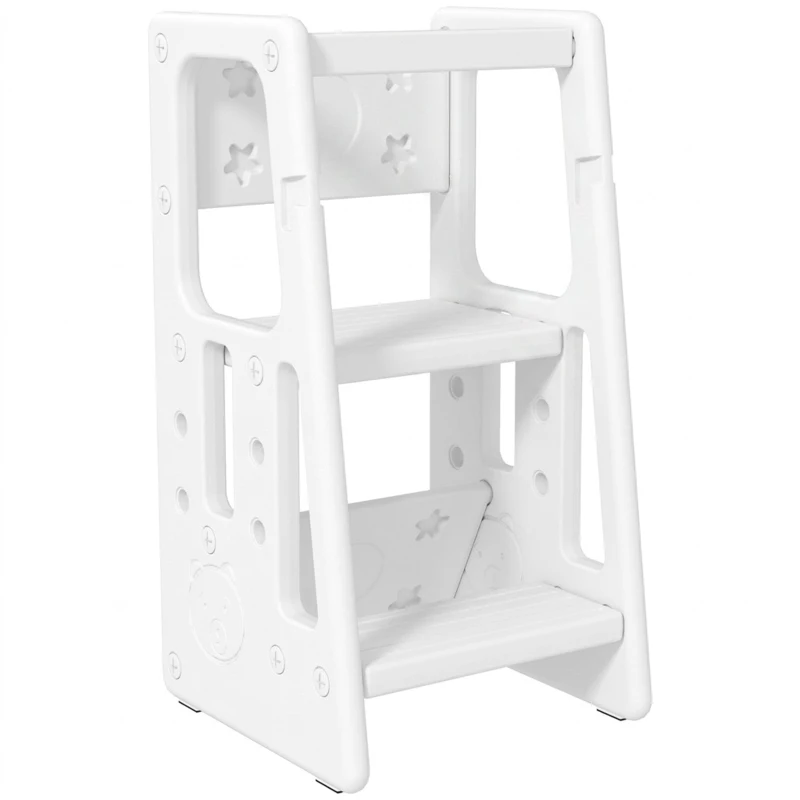 Qaba Toddler Kitchen Helper 2 Step Stool with Adjustable Height Platform and Safety Rail, White