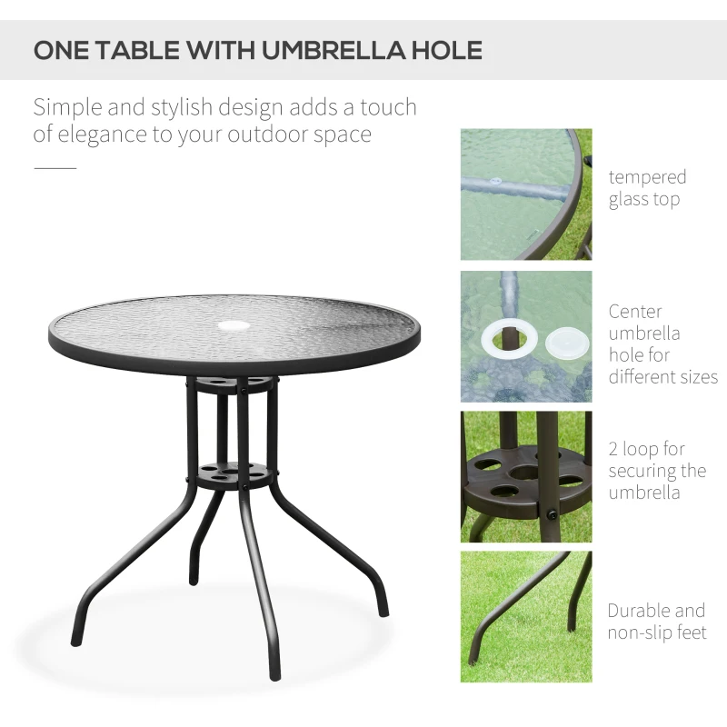 Outsunny 6 Piece Patio Dining Set for 4 with Umbrella, Outdoor Table and Chairs with 4 Folding Dining Chairs & Round Glass Table for Garden, Backyard and Poolside, Black and Coffee