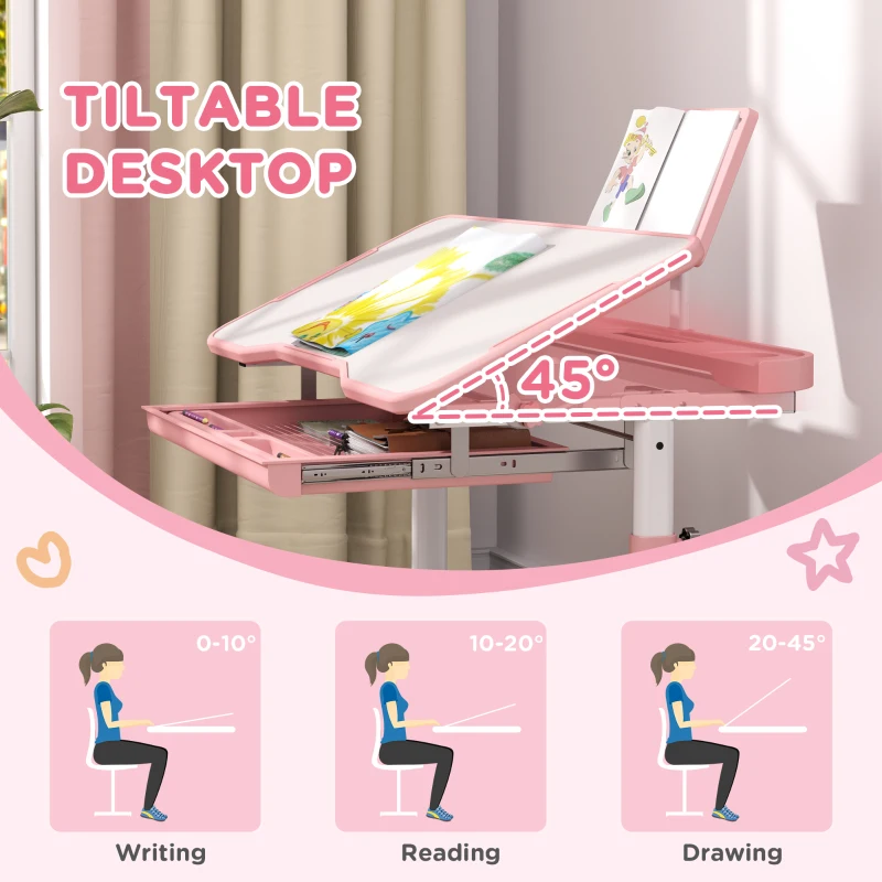 Qaba Height Adjustable Kids Desk and Chair Set with Tilt Desktop, Large Writing Board, Storage Drawer, Book Stand, Pink