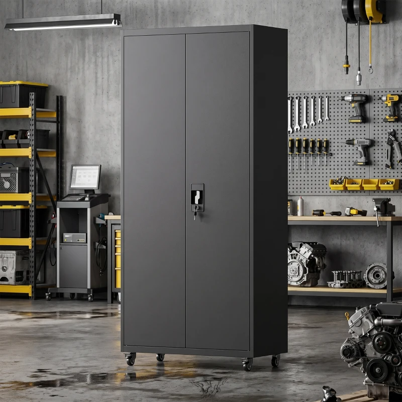 HOMCOM Metal Storage Cabinet, 71" Tall Lockable Steel Tool Cabinet with Removable Wheels and Adjustable Shelves, Black