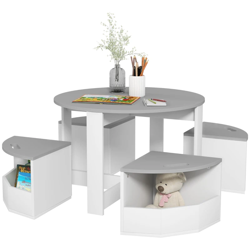 Qaba 5 Piece Kids Table and Chair Set with Storage for Kids Room, Grey
