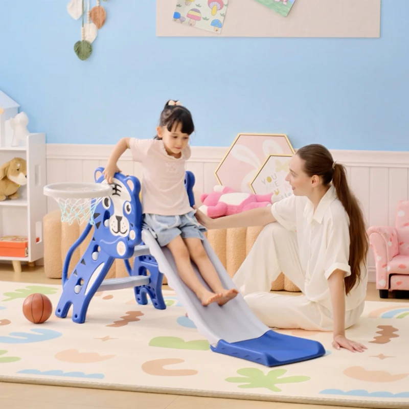 Qaba Slide for Kids with Basketball Hoop for Indoor Use, Easy Set Up Baby Slide for Kids 18-36 Months, Blue