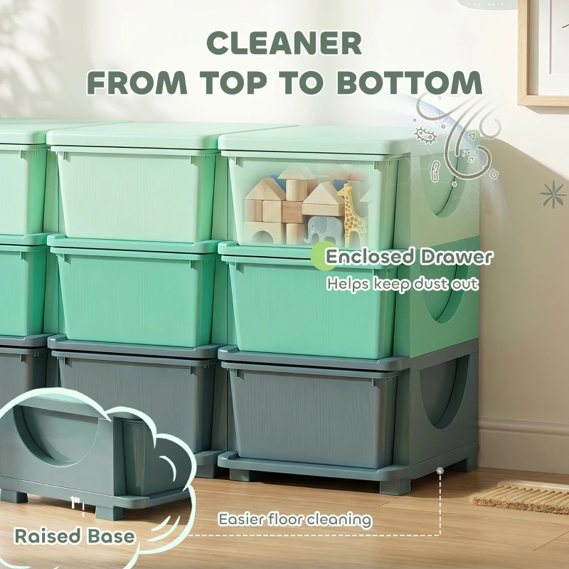 Qaba 3 Tier Kids Storage Organizer with 9 Drawers for Bedroom, Nursery, Kindergarten, Living Room, Boys and Girls, Green