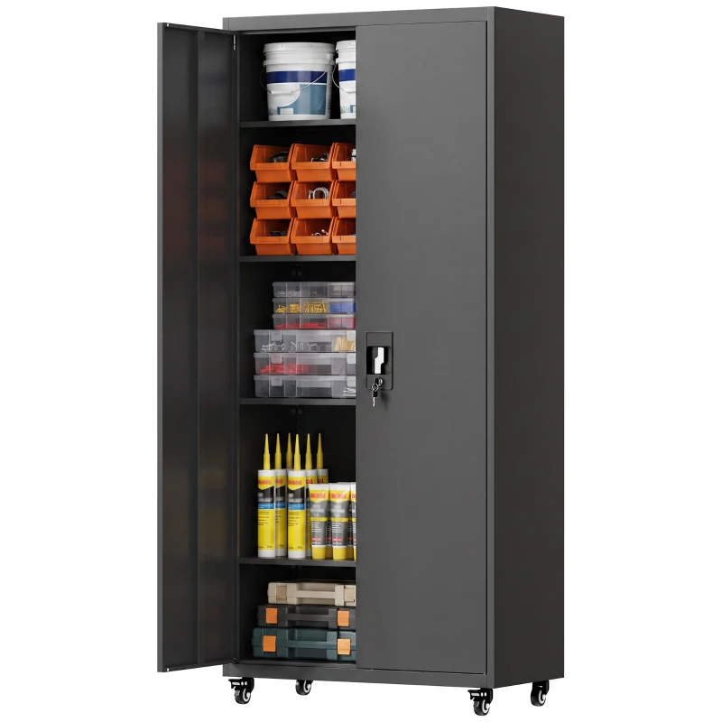 HOMCOM Metal Storage Cabinet, 71" Tall Lockable Steel Tool Cabinet with Removable Wheels and Adjustable Shelves, Black