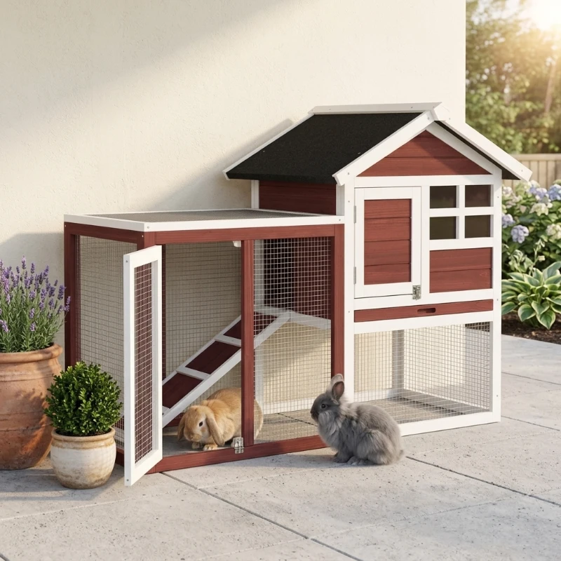 PawHut 49" Wooden Rabbit Hutch Bunny Cage with Waterproof Asphalt Roof, Fun Outdoor Run, Removable Tray and Ramp, for Rabbits, Chickens, Ducks, Brown