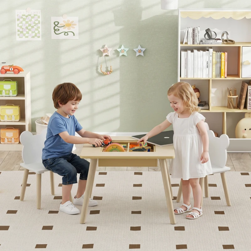 Qaba 3 Piece Kids Table and Chair Set with Convertible Desk with Storage, 3 in 1 Toddler Table and Chair Set for Nursery