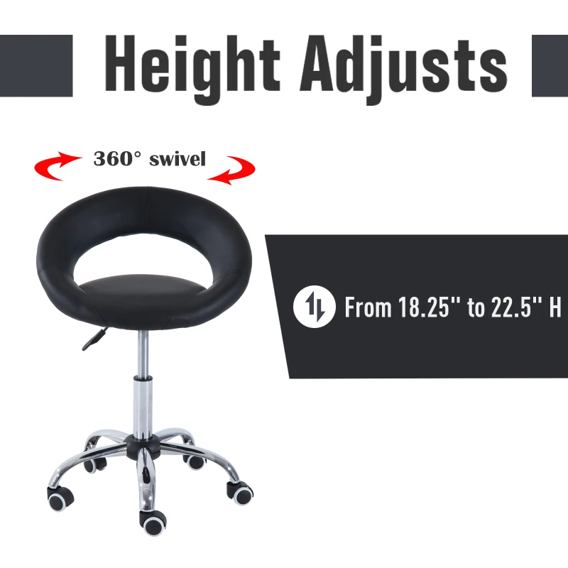 HOMCOM Crescent Rolling Salon Stool with Adjustable Height, Breathable Open Back, Foam Cushion Seat, and 5 Caster Wheels, Black
