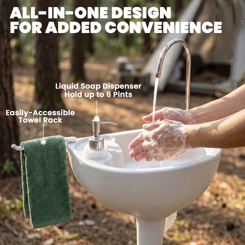 kleankin Portable Camping Sink, HDPE Handwashing Station Basin with 4.5 Gal Tank, 6.3 Gal Recovery Tank, Wheels & Soap Dispenser