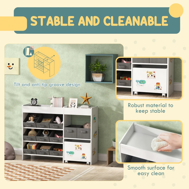 Qaba Toy Storage Organizer with 11 Non-Woven Fabric Boxes, Storage Cabinet & Shelves, for Kids Room, Nursery, Playroom White