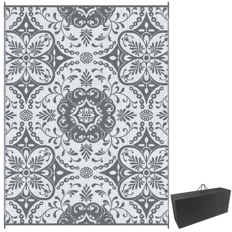 Outsunny Portable Outdoor Rug with Carry Bag, 9' x 12' Reversible Mat, Waterproof Plastic Straw RV Rug for Backyard, Deck, Picnic, Beach, Camping, Gray & White Flower