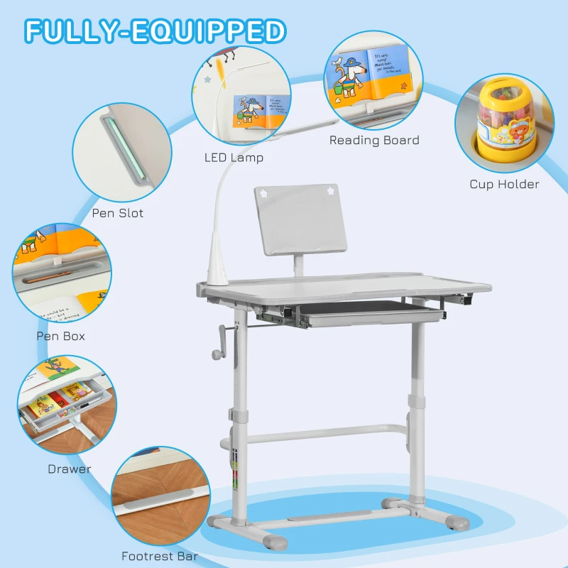 Qaba Kids Desk and Chair Set, Height Adjustable School Study Table and Chair, Student Writing Desk with Tilt Desktop, LED Light, Pen Box, Drawer, Reading Board, Cup Holder, and Pen Slots, Grey