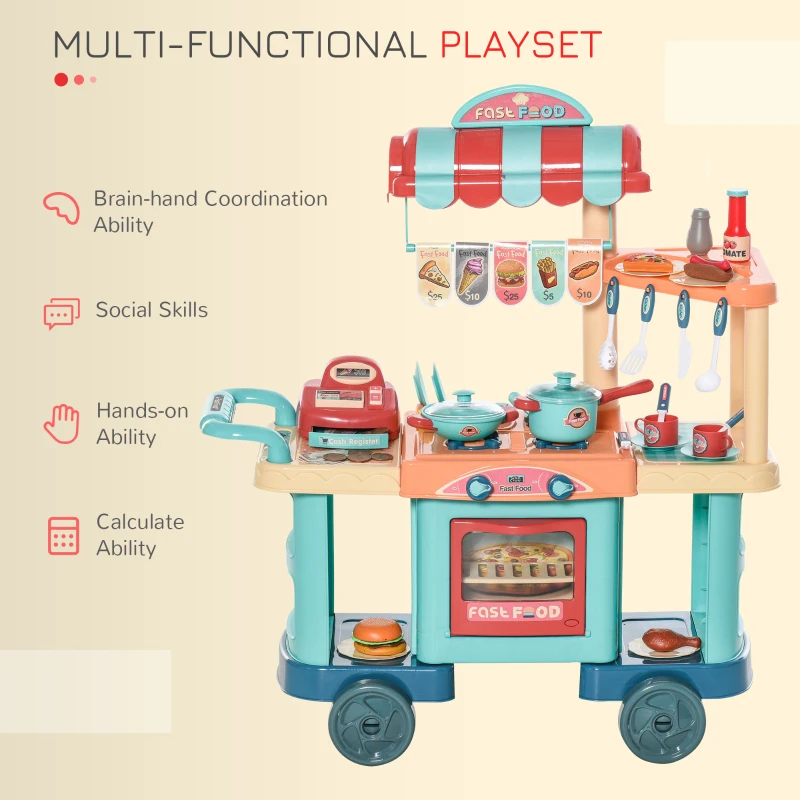 Qaba 50 Pcs Kids Grocery Store Playset Cash Register Toy with Shopping Cart, Pretend Playset Multi-Functional Kitchen Supermarket Gift for Boys Girls Age 3 4 5 6