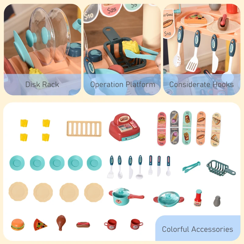 Qaba 50 Pcs Kids Grocery Store Playset Cash Register Toy with Shopping Cart, Pretend Playset Multi-Functional Kitchen Supermarket Gift for Boys Girls Age 3 4 5 6
