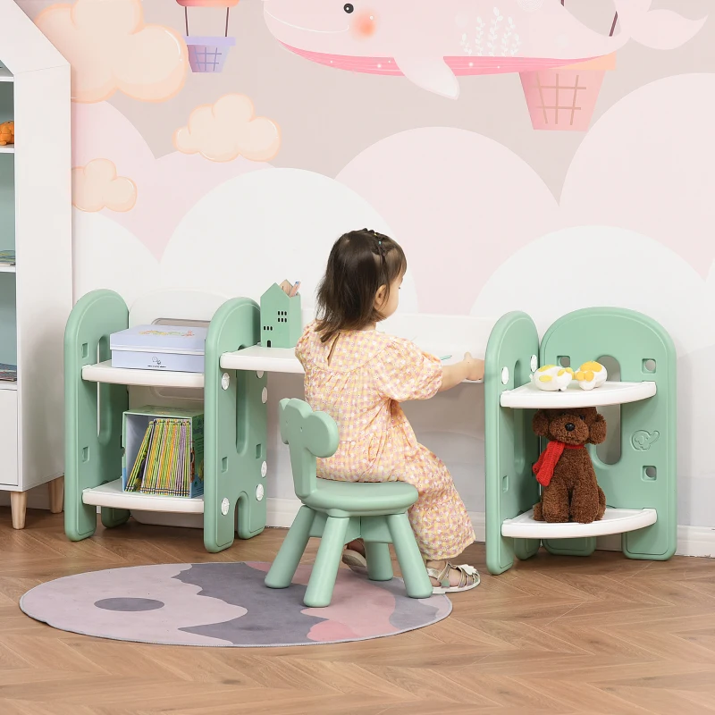 Qaba Kids Table and Chair Set, Activity Desk with Bookshelf & Storage for Study, Activities, Arts, or Crafts, Green and White