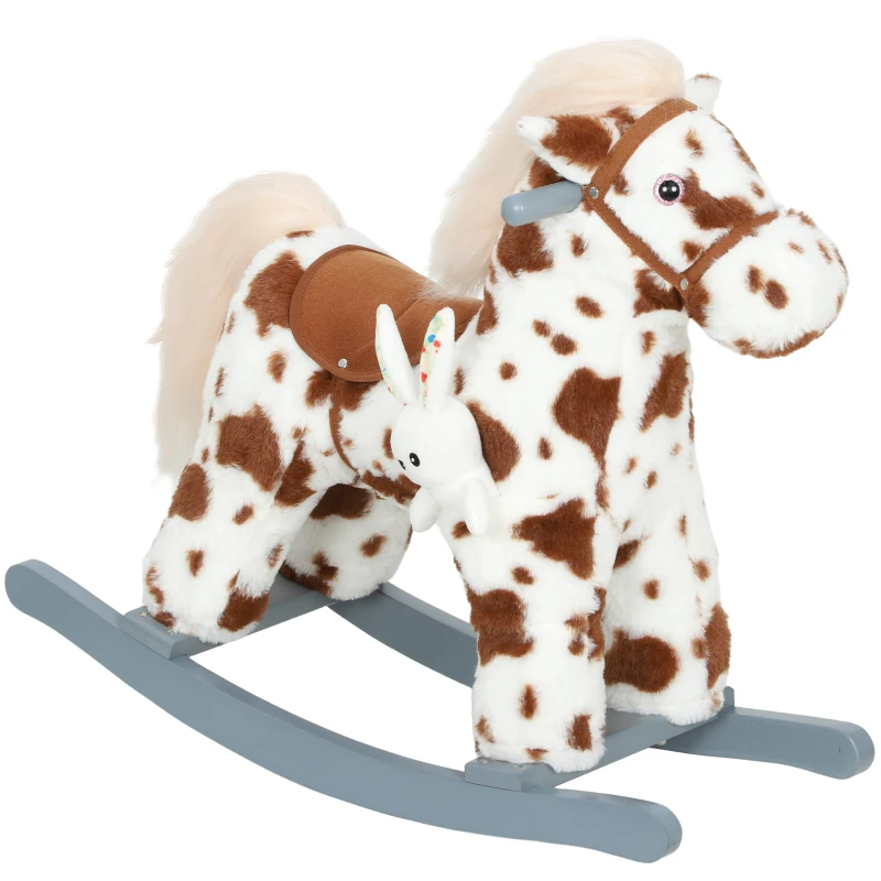 Qaba Rocking Horse, Animal Rocker with Rabbit Toy and Realistic Neigh for Toddlers, Soft Filling Ride on Pony, Brown