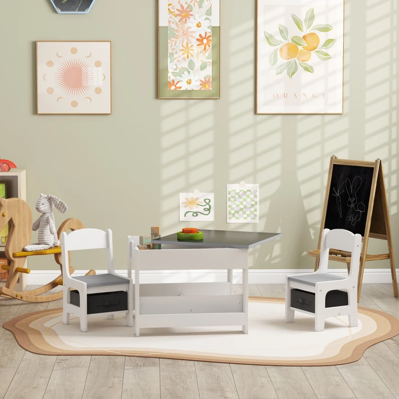 Qaba 3 Piece Kids Table and Chair Set with Reversible Tabletop, Blackboard, Storage, Bookshelf, for Playroom, Nursery, Grey