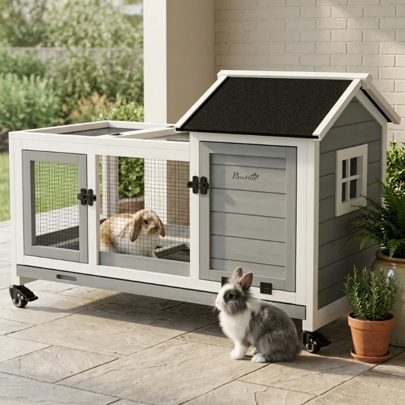 PawHut Wooden Rabbit Hutch with Wheels, Run, Slide-out Tray for Small Animals, Guinea Pig, Blue