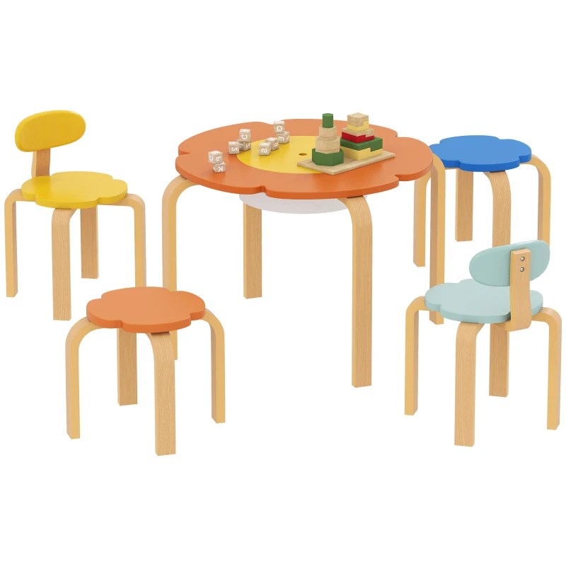 Qaba 5 Piece Kids Table and Chairs Set, Toddler Table and Chair Set with Built-in Storage, for Nursery, Living Room, Playroom