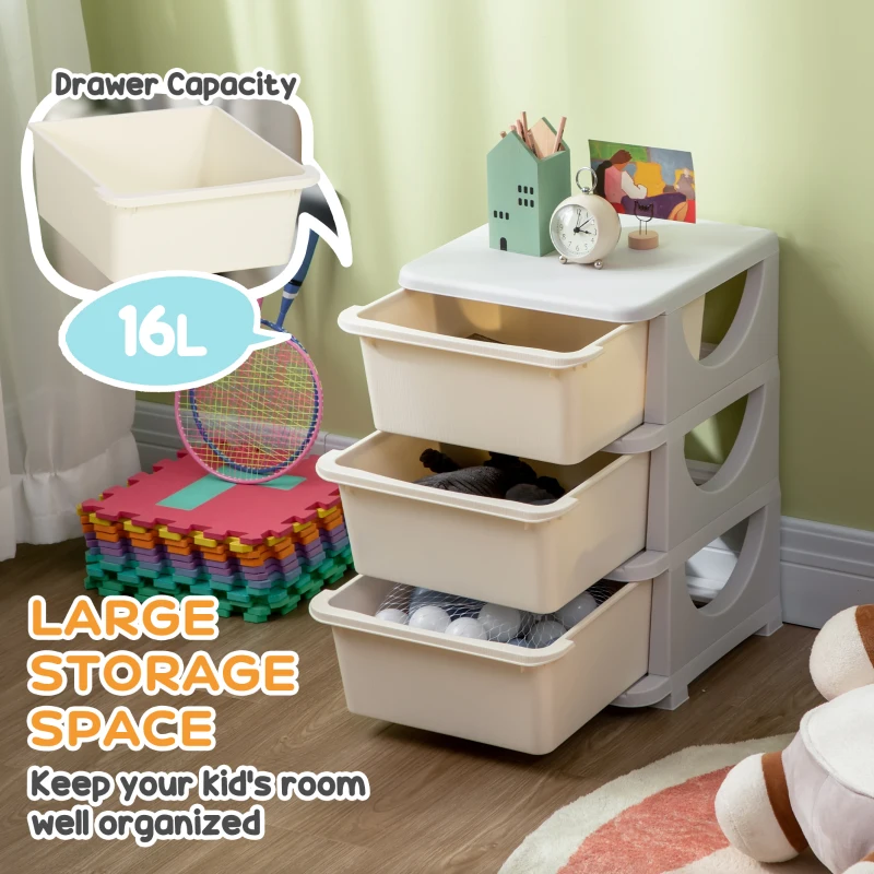 Qaba 3 Drawers Kids Storage Unit, 3 Tier Stackable Toy Organizers and Storage Chest for Bedroom, Nursery, Playroom, Living Room, Boys, Girls, Toddlers, Cream White