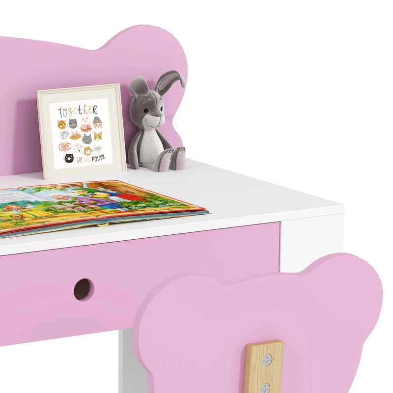 Qaba Kids Desk and Chair Set with Drawer for Drawing, Reading, Bear Theme Children Furniture for Bedroom, Daycare, Pink