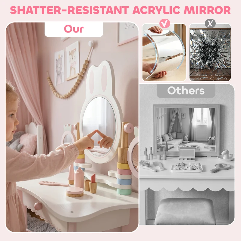 Qaba Kids Vanity Set, Kids Makeup Vanity Table and Chair with Triple Mirrors, 5 Pcs Accessories and Drawer for Girls 3+, Pink