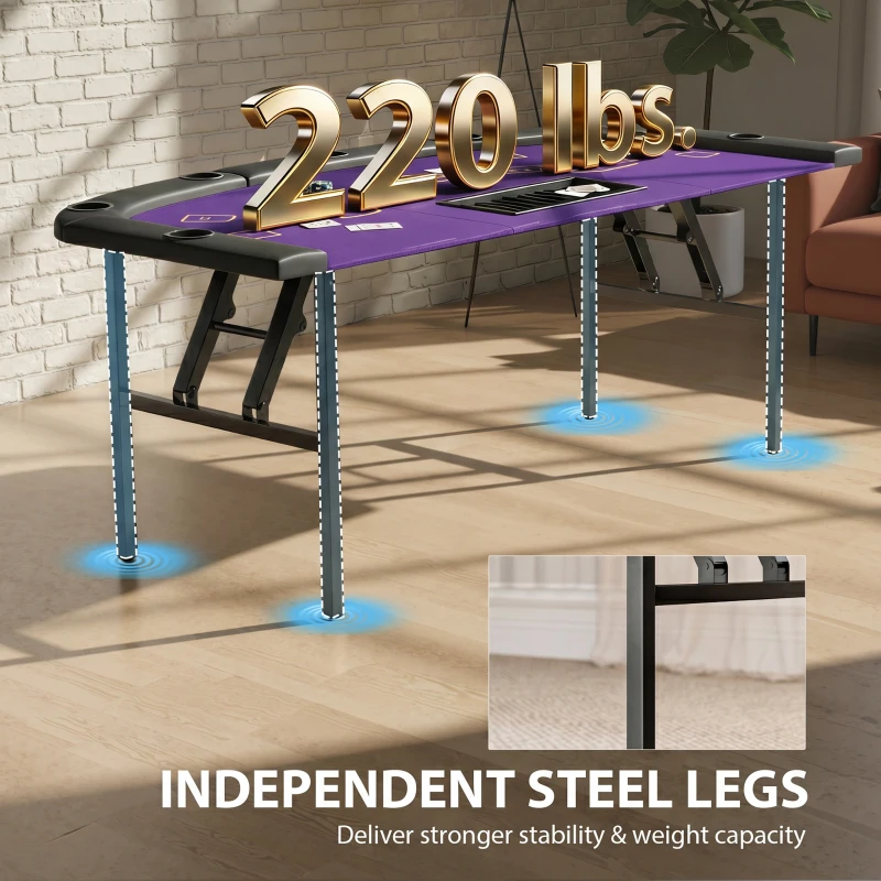 Soozier Poker Table Foldable, 72" Portable Casino Blackjack Table for 8 Players with Felt Surface, Cup Holders, Dark Blue