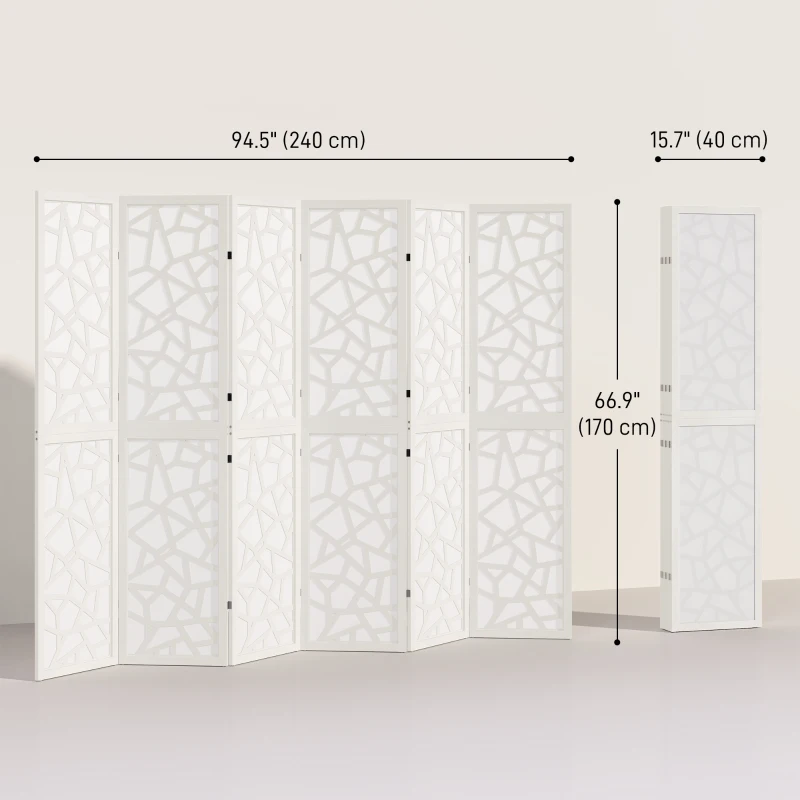 HOMCOM 6 Panel Room Divider, 5.6 FT Lightweight Folding Privacy Screen with Geometric Pattern for Living Room, Bedroom, White