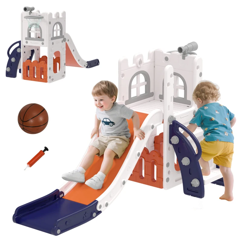 Qaba 5 in 1 Toddler Slide with Basketball Hoop, Climber, Telescope, Storage Basket, for 1-3 Years Kids Indoor Use, Orange