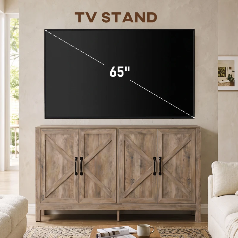 HOMCOM Sideboard Buffet, Storage Cabinet with Barn Door and Adjustable Shelf, TV Stand for TVs up to 65 Inches, Light Grey