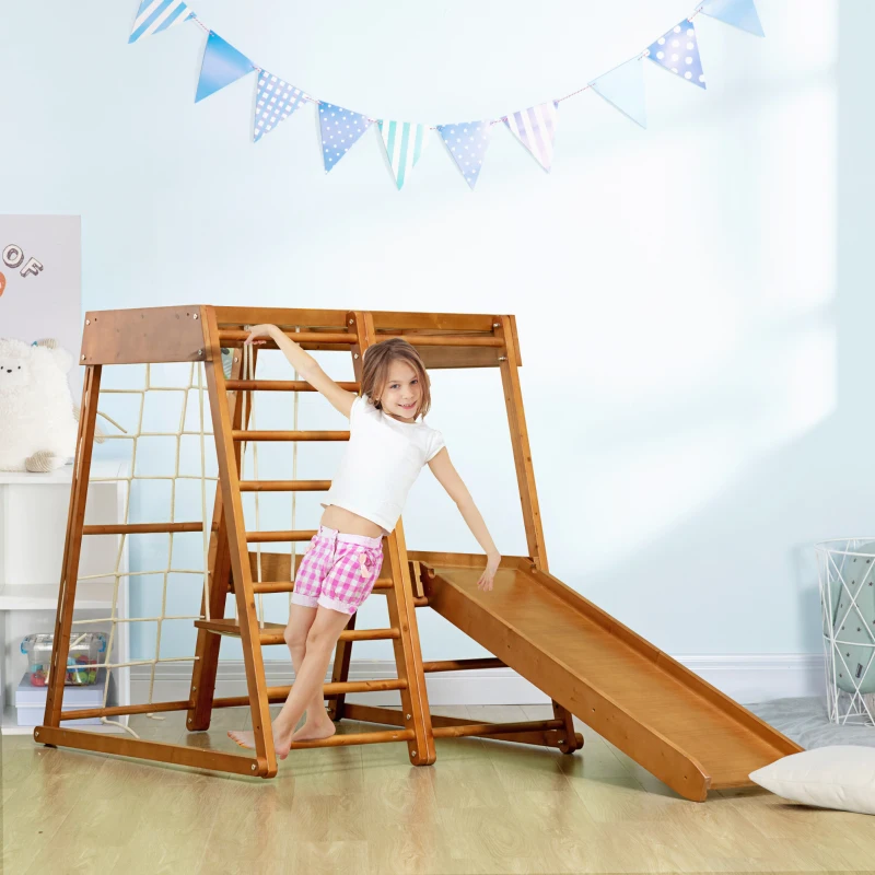 Qaba 6-in-1 Indoor Jungle Gym Playground with Slide, Climbing Wall, Rope Climber, Monkey Bars, Swing, Toddler Climbing Toys for 3-10 Years Old, Wood