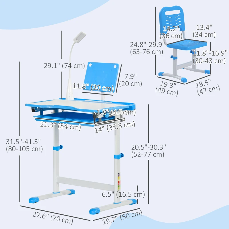 Qaba Kids Desk and Chair Set Height Adjustable Student Writing Desk Children School Study Table with Tilt Desktop, Blue
