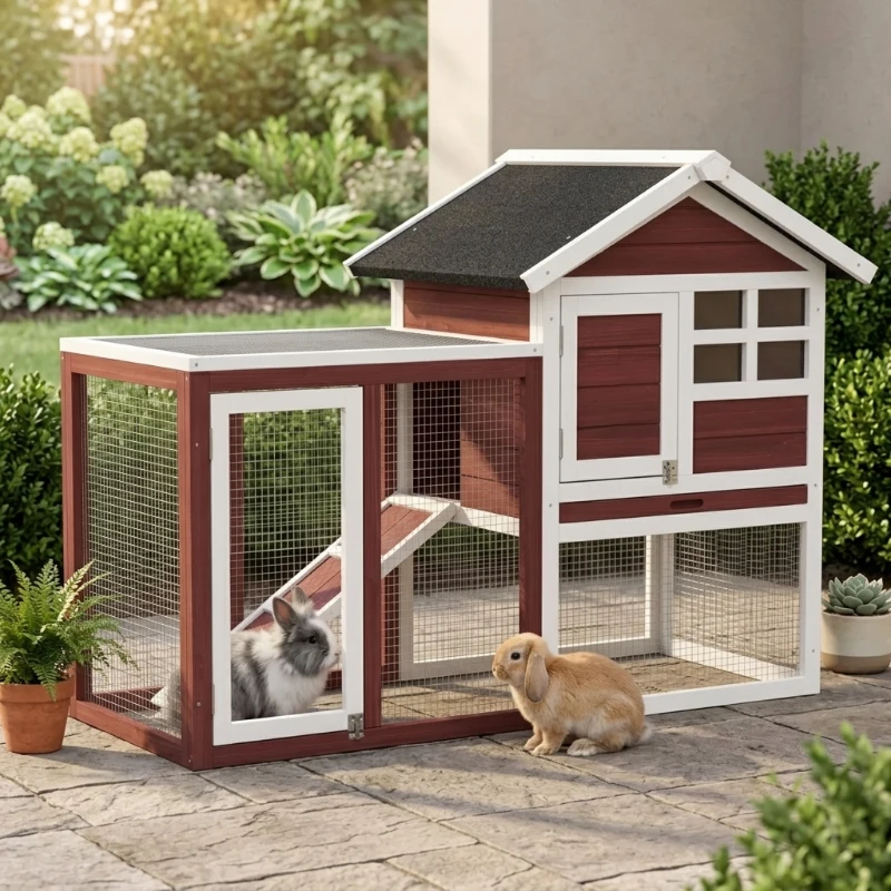 PawHut 49" Wooden Rabbit Hutch Bunny Cage with Waterproof Asphalt Roof, Fun Outdoor Run, Removable Tray and Ramp, for Rabbits, Chickens, Ducks, Brown