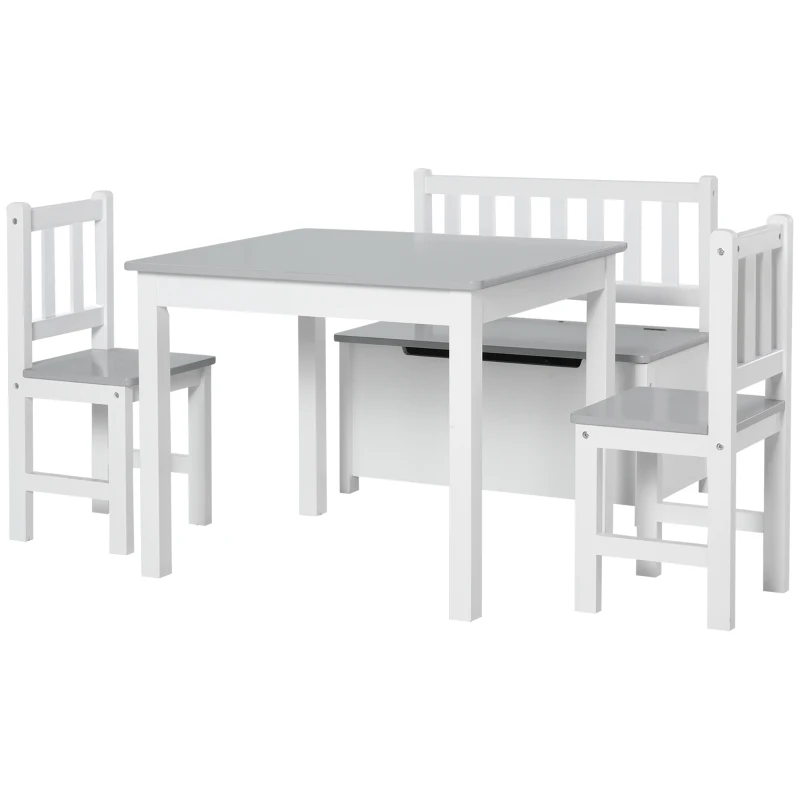 Qaba 4-Piece Set Kids Wood Table Chair Bench with Storage Function Gift for Toddlers