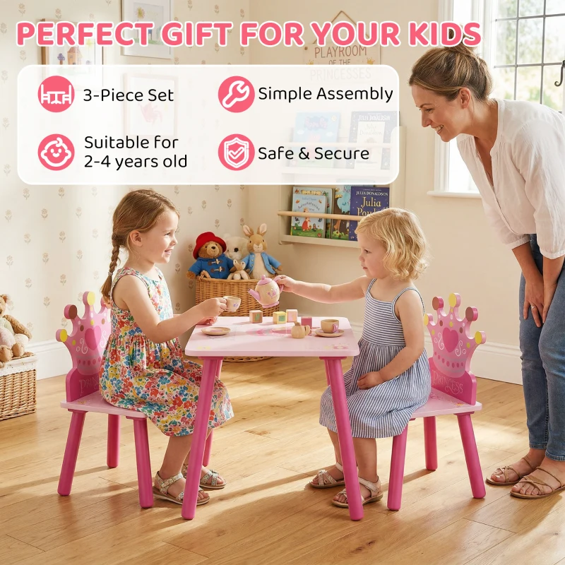 Qaba 3-Piece Set Kids Wooden Table Chair with Crown Pattern Easy to Clean Gift for Girls Toddlers Age 2-4 Years Old Pink
