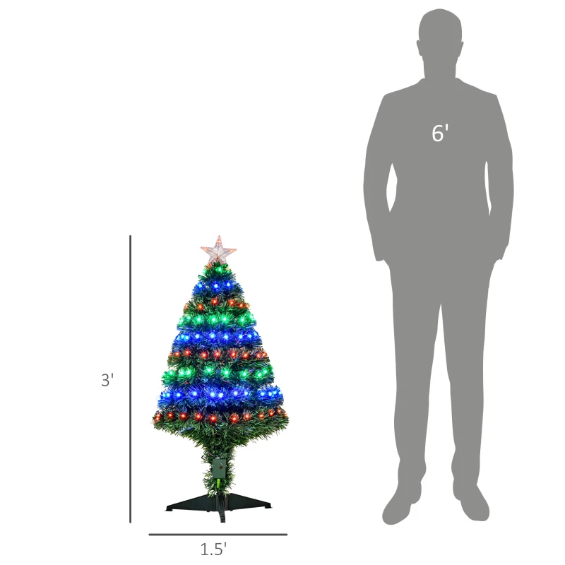 HOMCOM 3ft Tall Douglas Fir Pre-Lit Artificial Christmas Tree with Realistic Branches, 90 Multi-Color LED Lights, Fiber Optics and 90 Tips