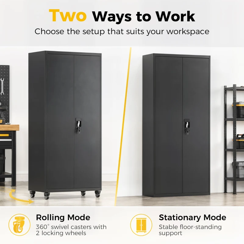 HOMCOM Metal Storage Cabinet, 71" Tall Lockable Steel Tool Cabinet with Removable Wheels and Adjustable Shelves, Black