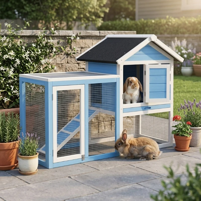 PawHut 49" Wooden Rabbit Hutch Bunny Cage with Waterproof Asphalt Roof, Fun Outdoor Run, Removable Tray and Ramp, for Rabbits, Chickens, Ducks, Light Blue
