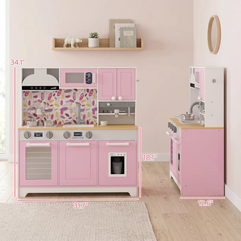 Qaba Play Kitchen, Kids Kitchen Playset with Coffee Maker, Ice Maker, Clicking Knobs, Storage, Accessories for 3-8 Years