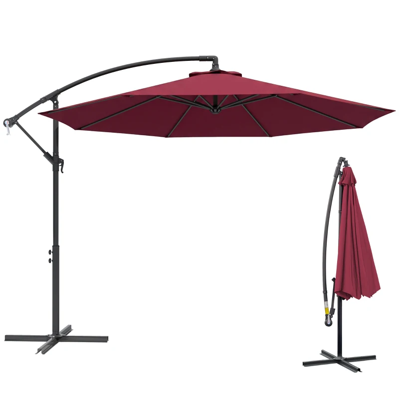 Outsunny 10' Deluxe Patio Umbrella, Outdoor Market Parasol, Banana Hanging Offset Sunshade with Crank, Cross Base, Wine Red