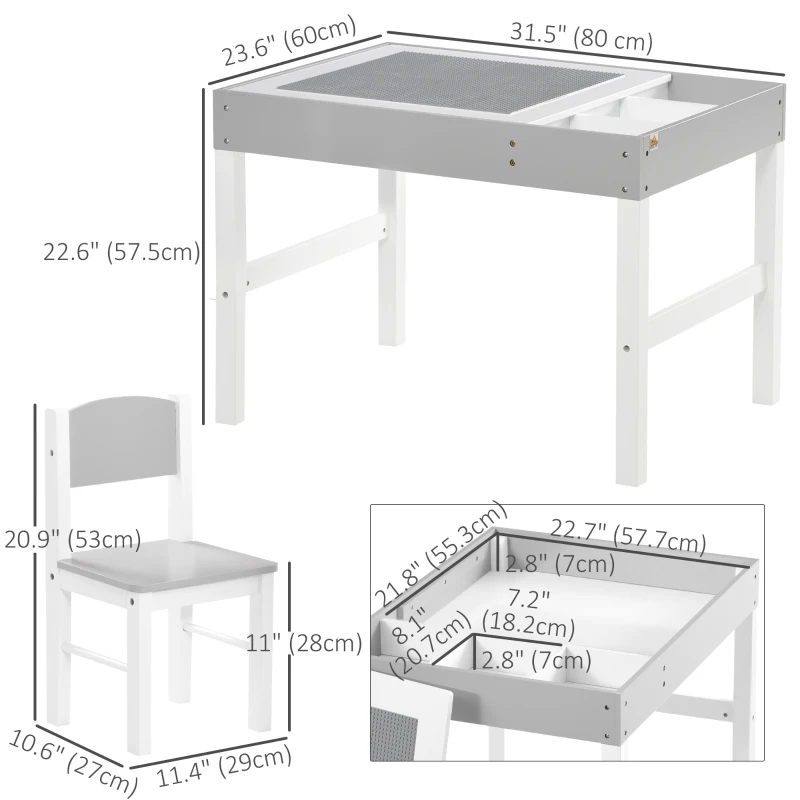 Qaba Table with Storage for Kids, Multi-Usage Kids Table and Chair Set with Building Blocks Desktop, Grey