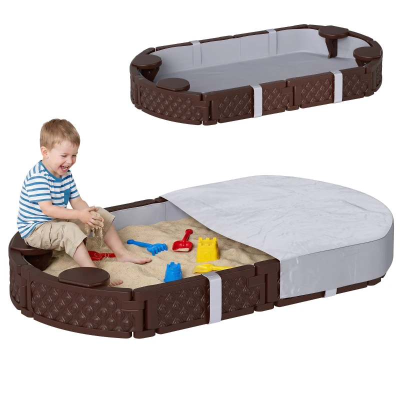 Qaba Kids Sandbox with Cover, 4 Corner Seats, Bottom Liner for Backyard, Garden, Outdoor, 71" x 42" W x 9", Dark Brown