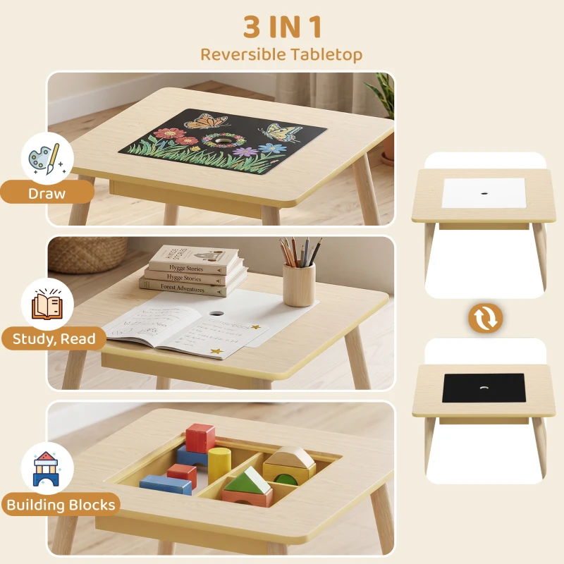 Qaba 3 Piece Kids Table and Chair Set with Convertible Desk with Storage, 3 in 1 Toddler Table and Chair Set for Nursery