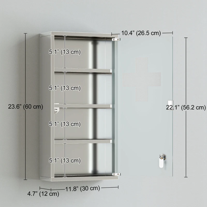 HOMCOM Wall Mount Medicine Cabinet, Bathroom Cabinet with 3 Tier Shelves, Stainless Steel Frame and Glass Door, Lockable with 2 Keys, Silver, 12" x 23.5"