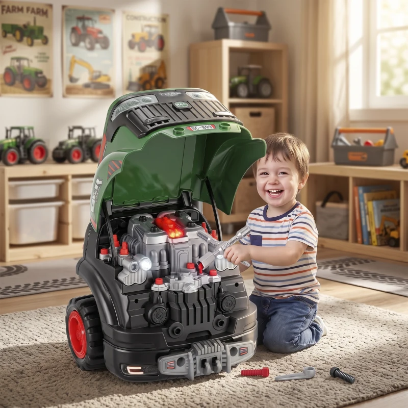 Qaba Truck Engine Toy, Kids Mechanic Repair Set with Spray, Lights, Sounds, Educational Gifts for 3-6 Years, Green