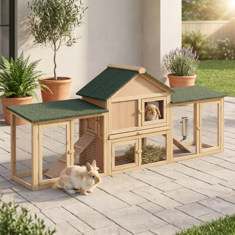 PawHut Rabbit Cage Outdoor, Rabbit House 83" 2 Story Deluxe XL Wooden Rabbit Hutch Big Bunny Cage w/ Ladder and Run