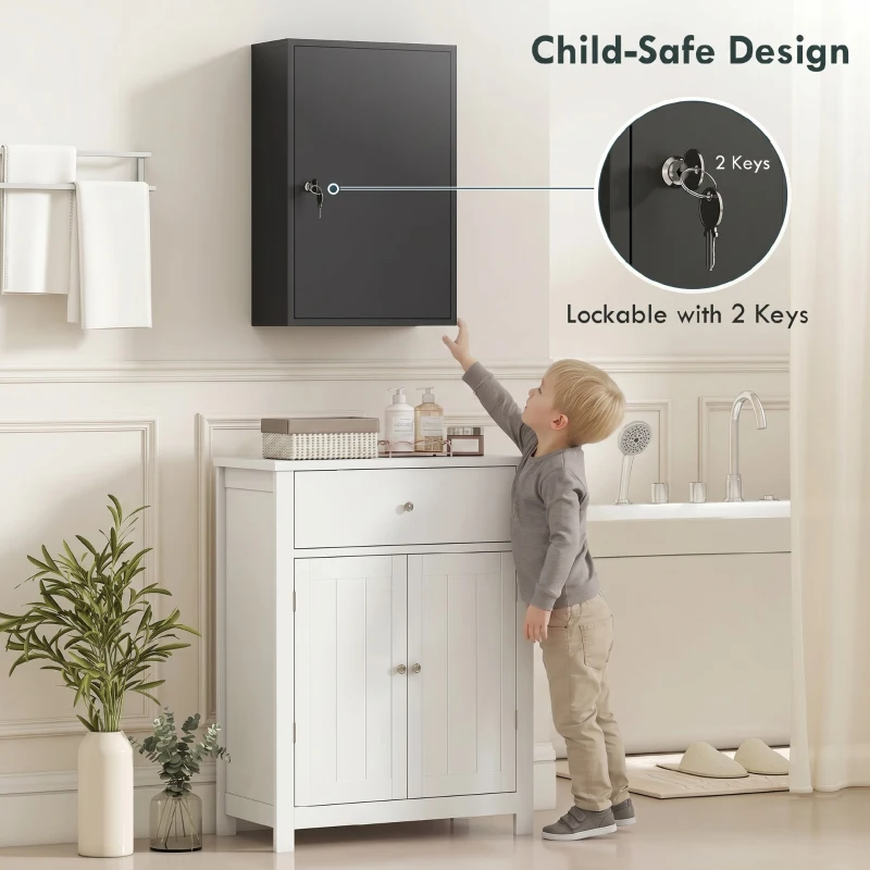 kleankin Wall Mount Medical Cabinet, Bathroom Cabinet with 3 Tier Shelves, 2 Keys, 15.7" x 7.1" x 23.6", Black