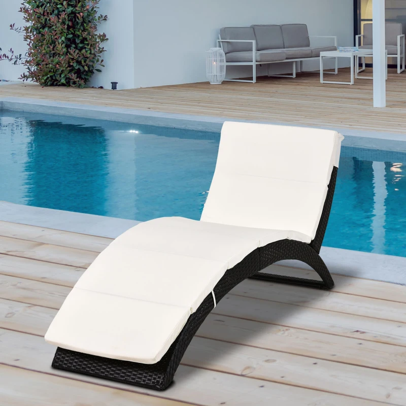 Outsunny Patio Foldable Wicker Chaise Lounge, PE Rattan Outdoor Lounge Chair, Bed with Cushion for Garden, Backyard, Lawn, Beige