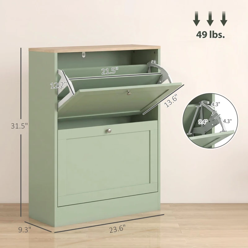 HOMCOM Slim Shoe Storage Cabinet, Modern Shoe Cabinet with 2 Flip Drawers and Adjustable Shelves for 8-12 Pairs, Green